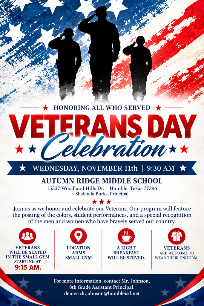 Poster with red, white, and blue background. Text "Veterans Day Celebration" and "Honoring All Who Served" with silhouettes of people saluting.