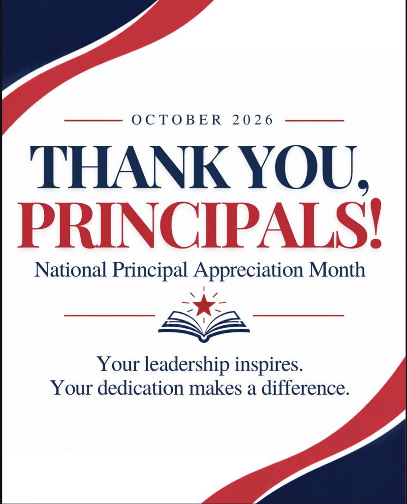 Poster for National Principal Appreciation Month. Features a book, star, and "Thank You, Principals!" text.