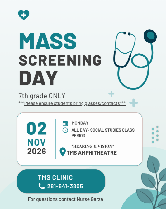Flyer for mass screening day on November 2, 2026 for 7th grade. Stethoscope and green leaf icons.