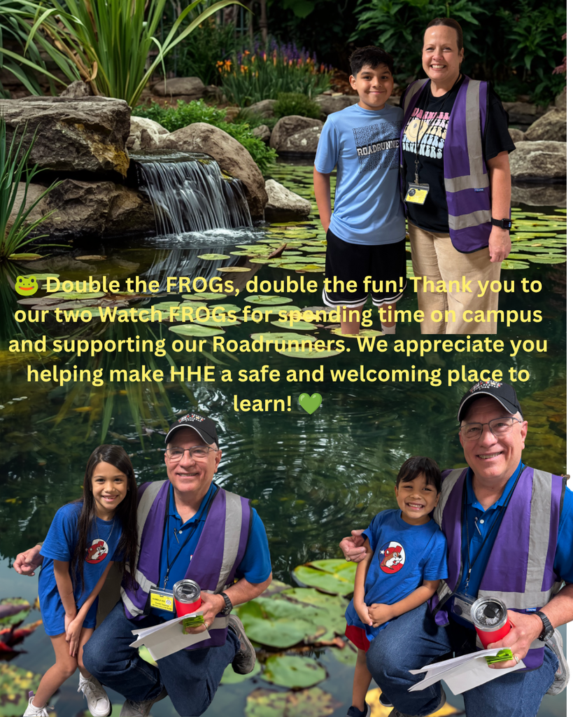 Two adults in safety vests with four children pose in front of a pond with water lilies and a small waterfall.