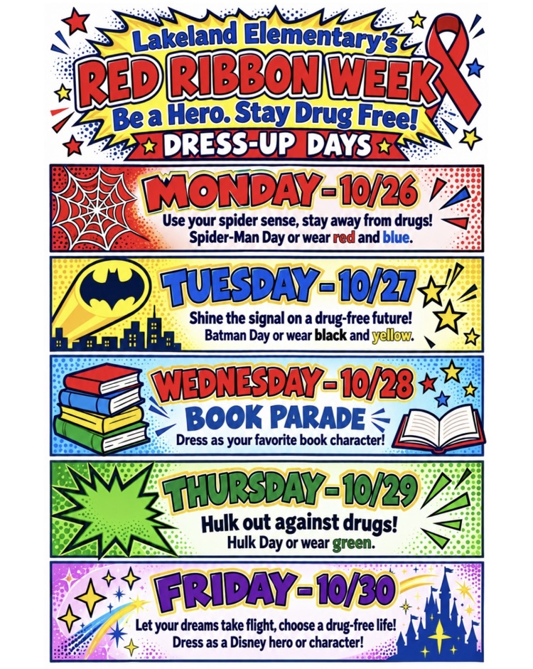 A banner with several days and different dress-up suggestions including Batman, Hulk, and a book character.