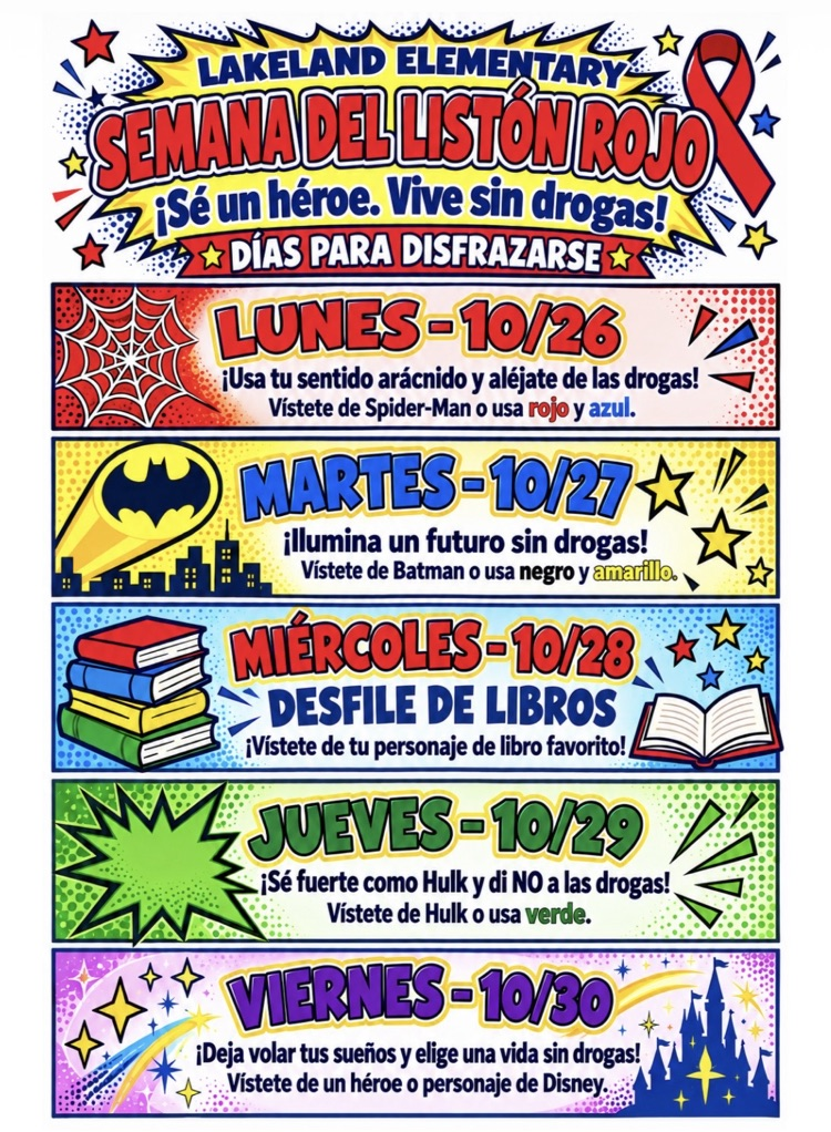 A colorful poster with vibrant graphics and text. Five days of dress-up ideas for students at Lakeland Elementary.