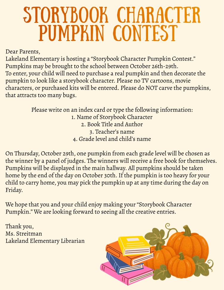 Pumpkins, books, and index cards displayed on a white page with text about a pumpkin contest.