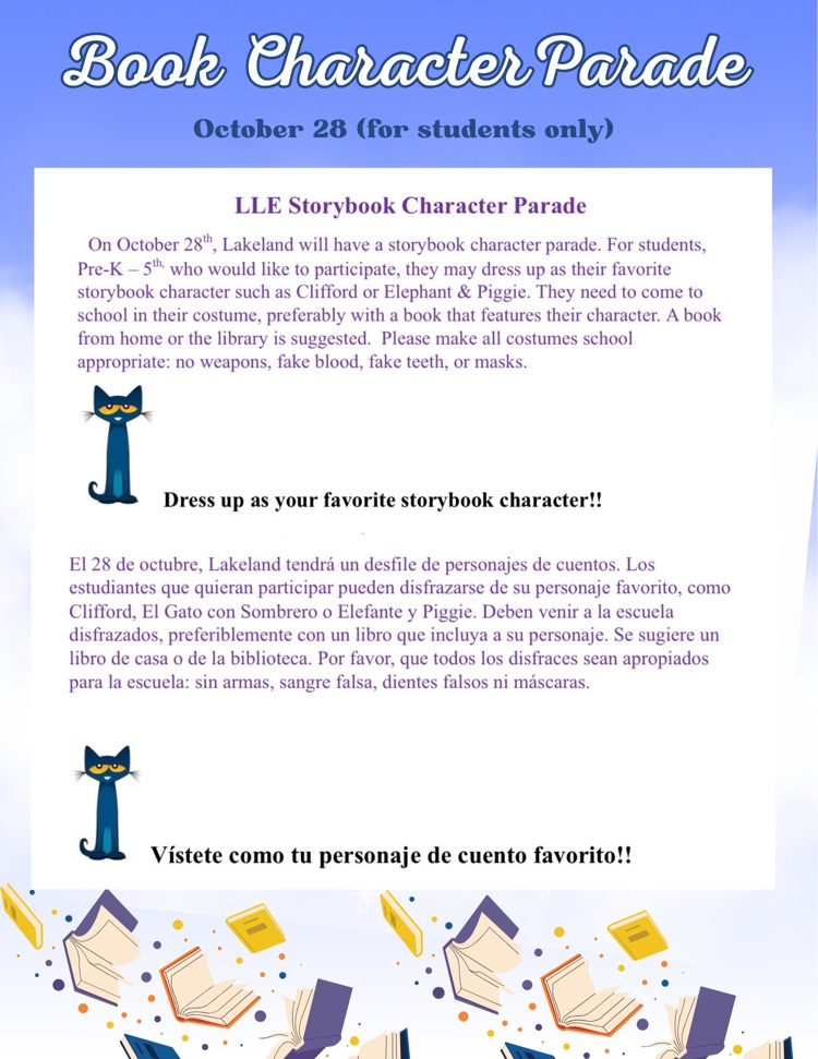 Blue poster with white text, "Book Character Parade," "October 28 (for students only)" in white, followed by instructions for students to dress as their favorite storybook character.