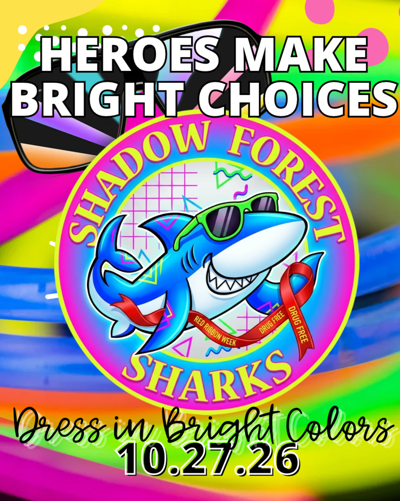 Bright colors, logo, text, shark with sunglasses, red ribbon, date, invitation to dress in bright colors.