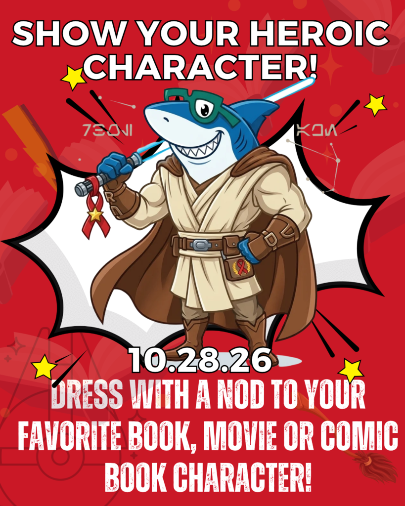 Graphic of a shark with a sword, wearing a cape. Stars around the image. Text reads "Show your heroic character!"
