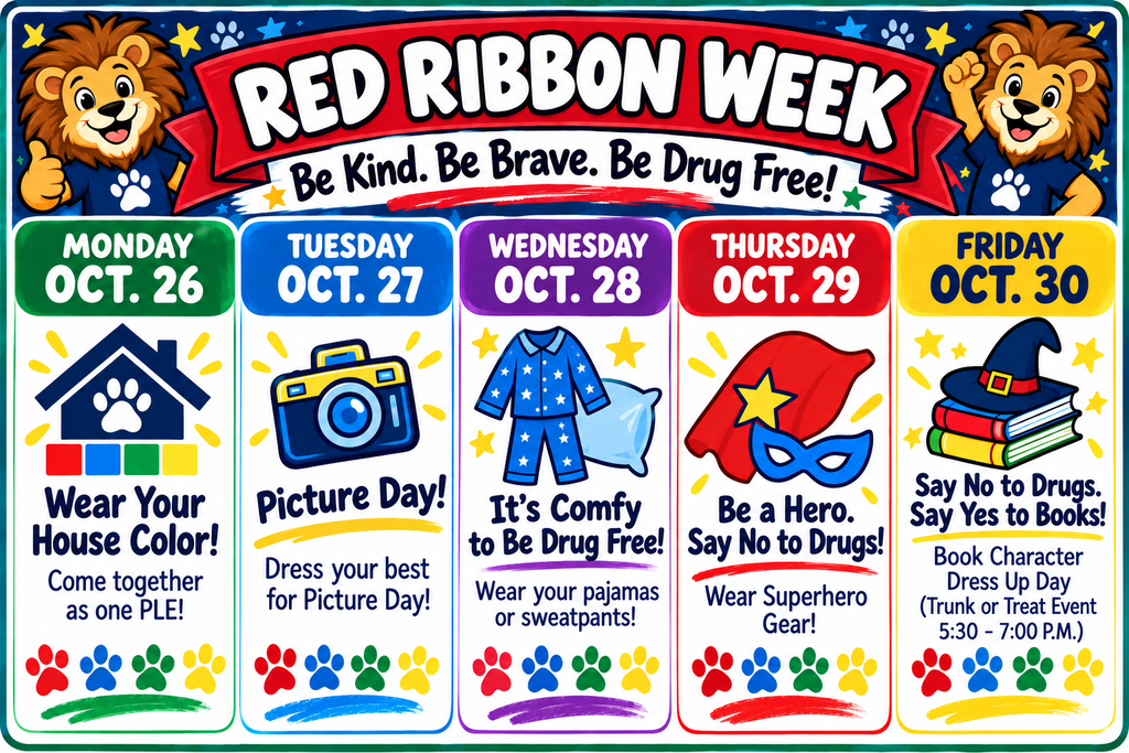 Red Ribbon Week poster showing icons for each day: house, camera, pajamas, superhero, hat, book. Days listed from Monday Oct 26 to Friday Oct 30.