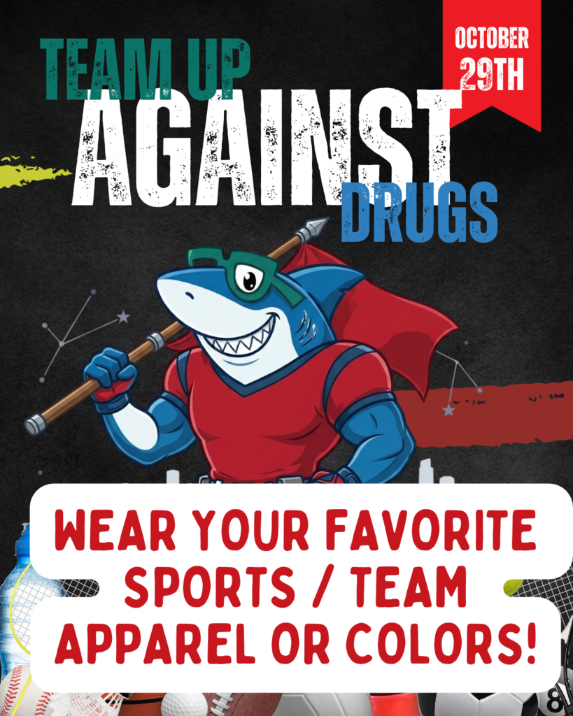 Poster with a cartoon shark holding a spear, promoting an anti-drug event on the 29th of October.