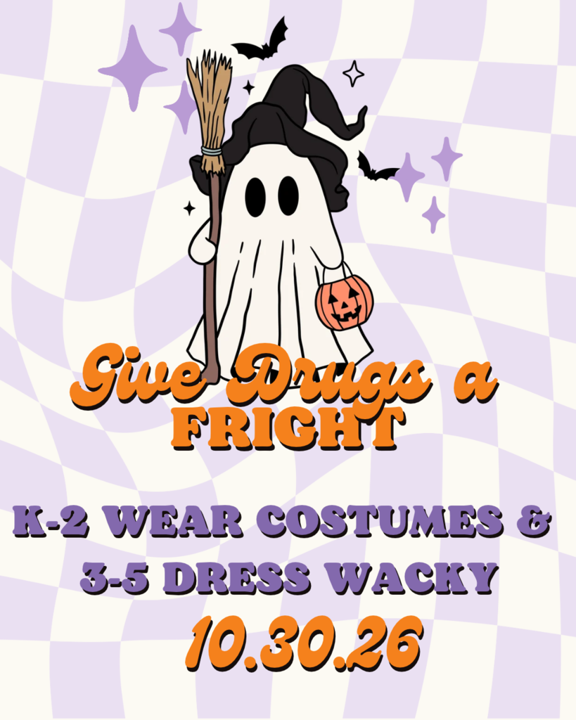 A Halloween poster with a ghost holding a broom and pumpkin, and a checkerboard background.