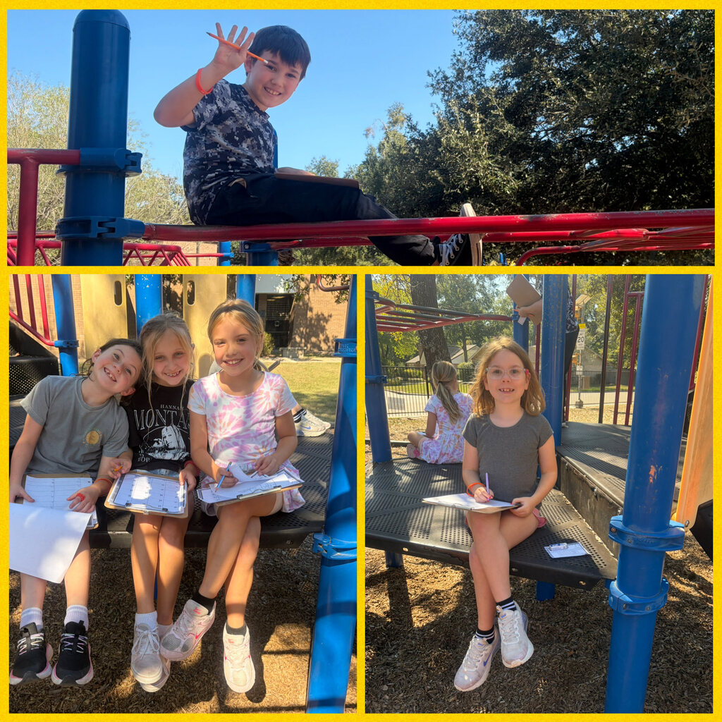 Three images of children in a playground. One child sits on a horizontal bar, while two sit on a swing. They all hold papers.