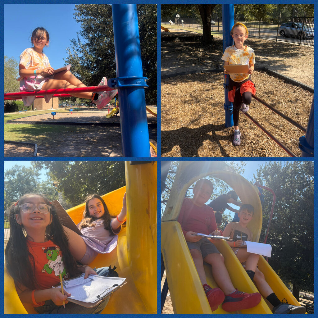 Four photos show students on playground equipment. One student writes on a clipboard, another writes on a paper, one reads a book, and two students sit on a slide.