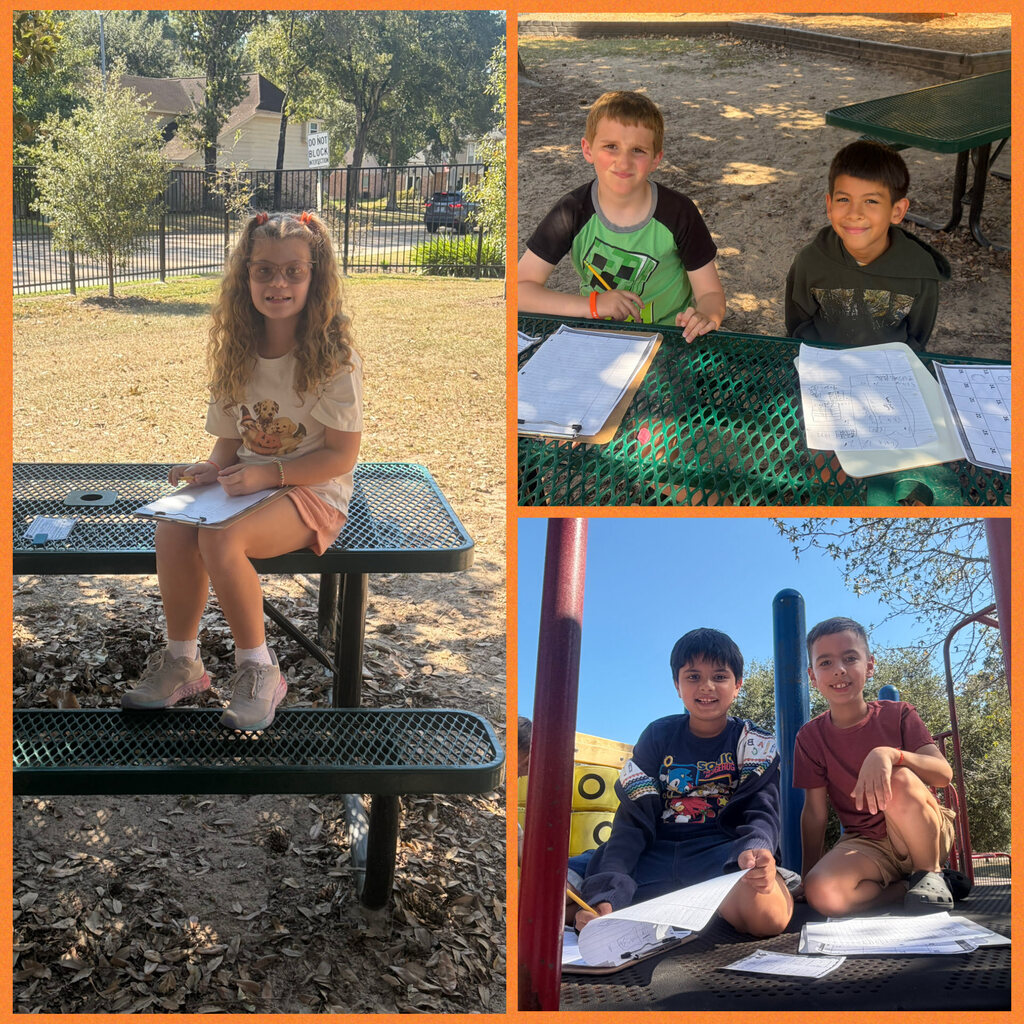 Four students sit on benches, stairs, and tables with papers.