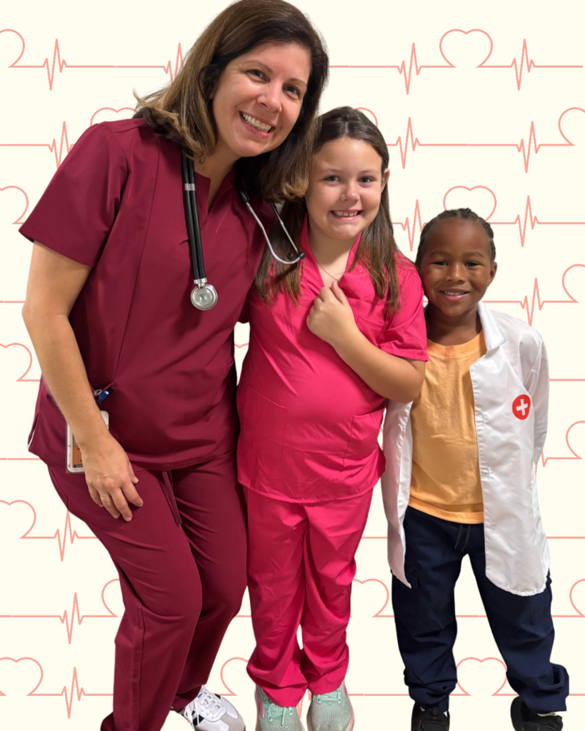 Three people posing in red and pink scrubs, and a white lab coat, against a background with heart and heartbeat symbols.
