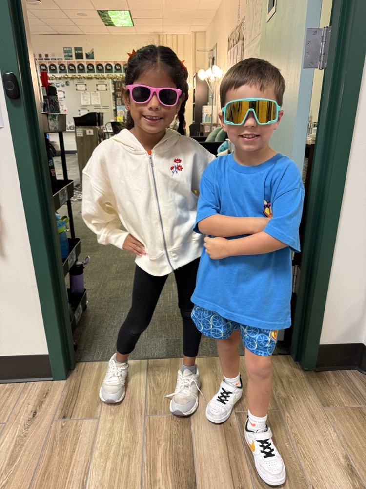 Two kids, one with sunglasses and a white jacket, the other in a blue shirt, pose for a photo.