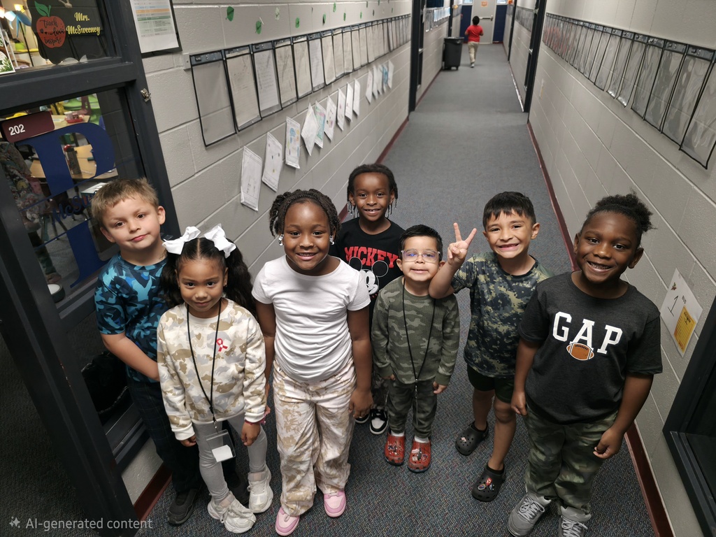 Nine children stand together in a hallway, smiling. A wall with papers pinned on it is to the left.