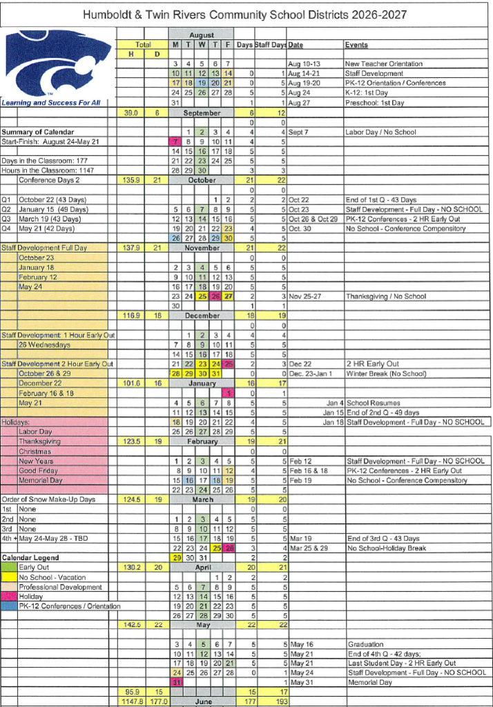 Updated School District Calendar
