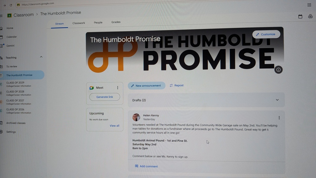 Humboldt Promise google classroom page
