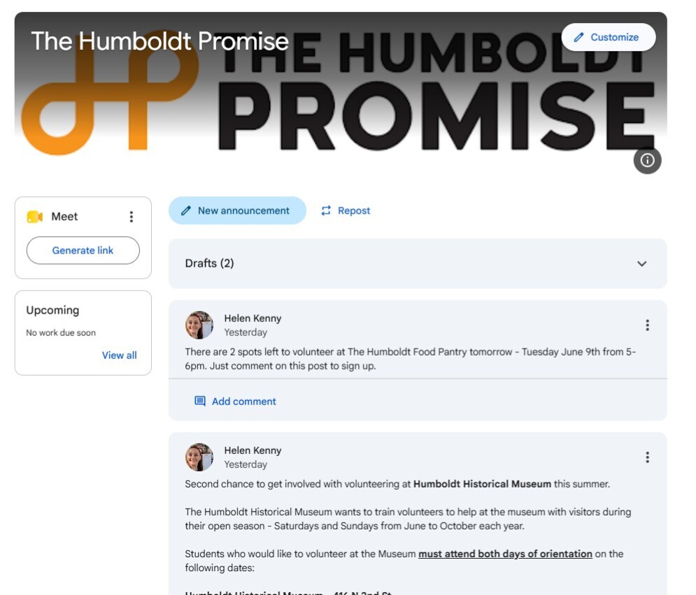 Humboldt Promise Google Classroom screenshot