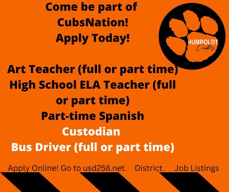 available positions - art, ELA, Spanish, custodian, bus driver