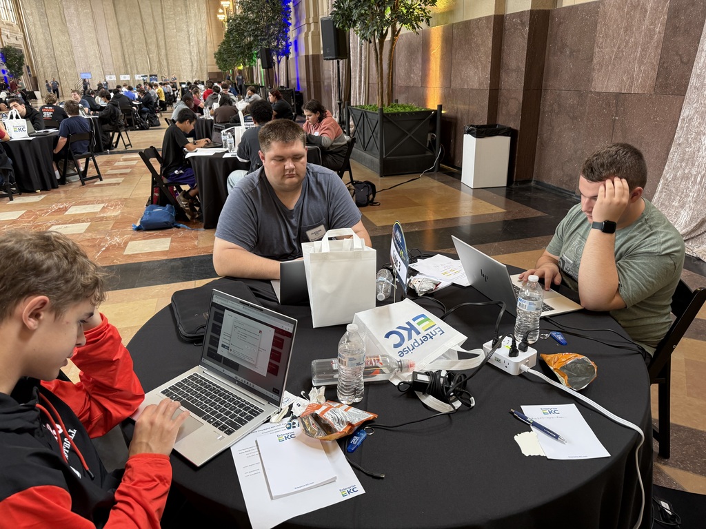 Cyler Mason, Hudson Rees and Conner Defebaugh work on their CTF challenges