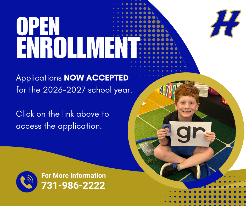 Picture of student holding a sign with GR on it.  Picture says Open Enrollment.  Applications Now Accepted for the 2026-2027 school year.  Click on the link above to access the application.
