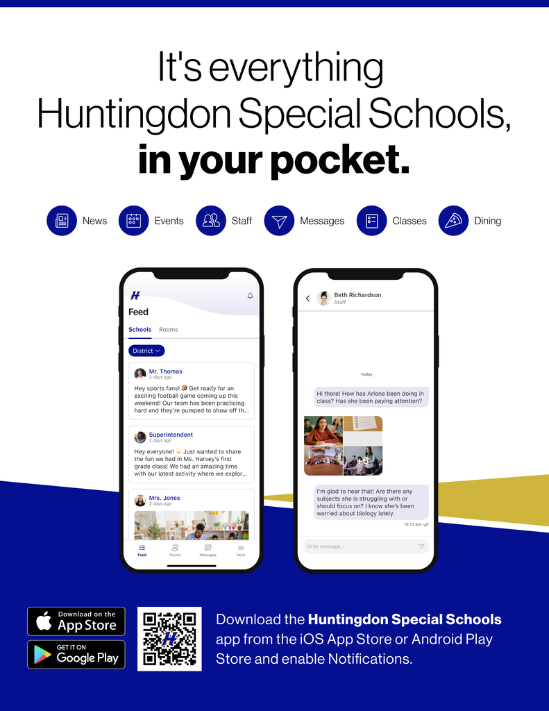 Poster encouraging parents to download the Huntingdon Special Schools app from the App Store.