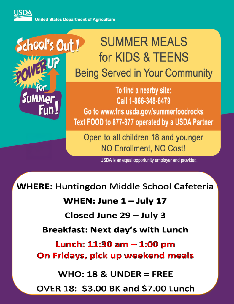 Summer Meals for Teens & Kids.  June 1-July 17.  Closed June 29-July 3.  Lunch 11:30-1:00 pm.  18 and Under Free.