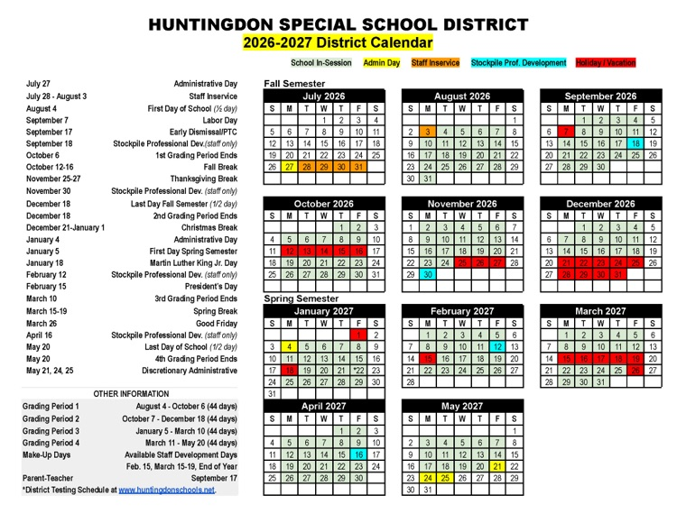 District Calendar for 2026-2027
