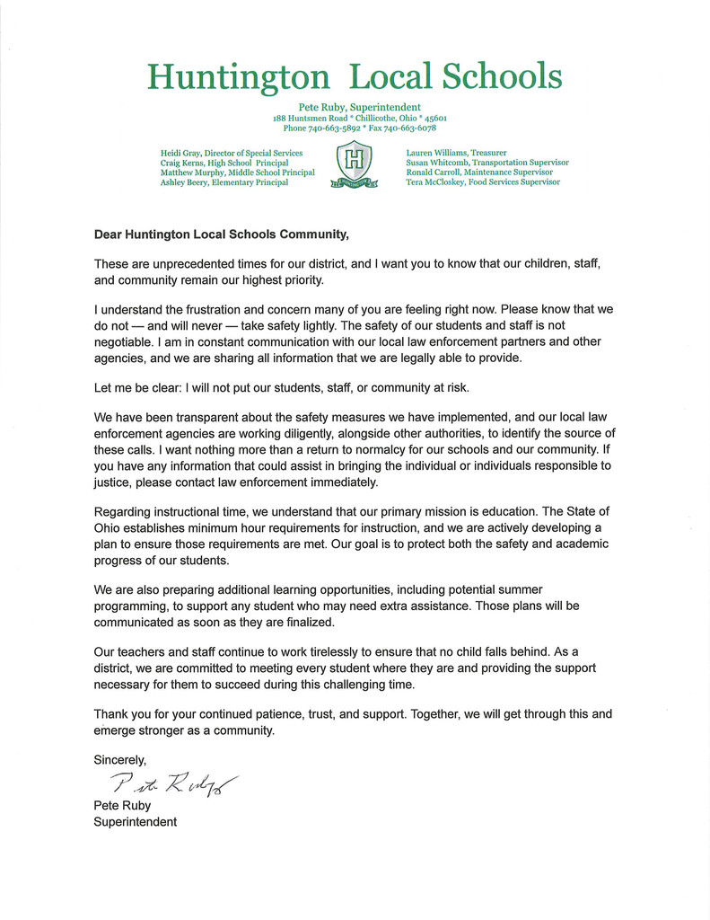 Letter to community from Superintendent Pete Ruby