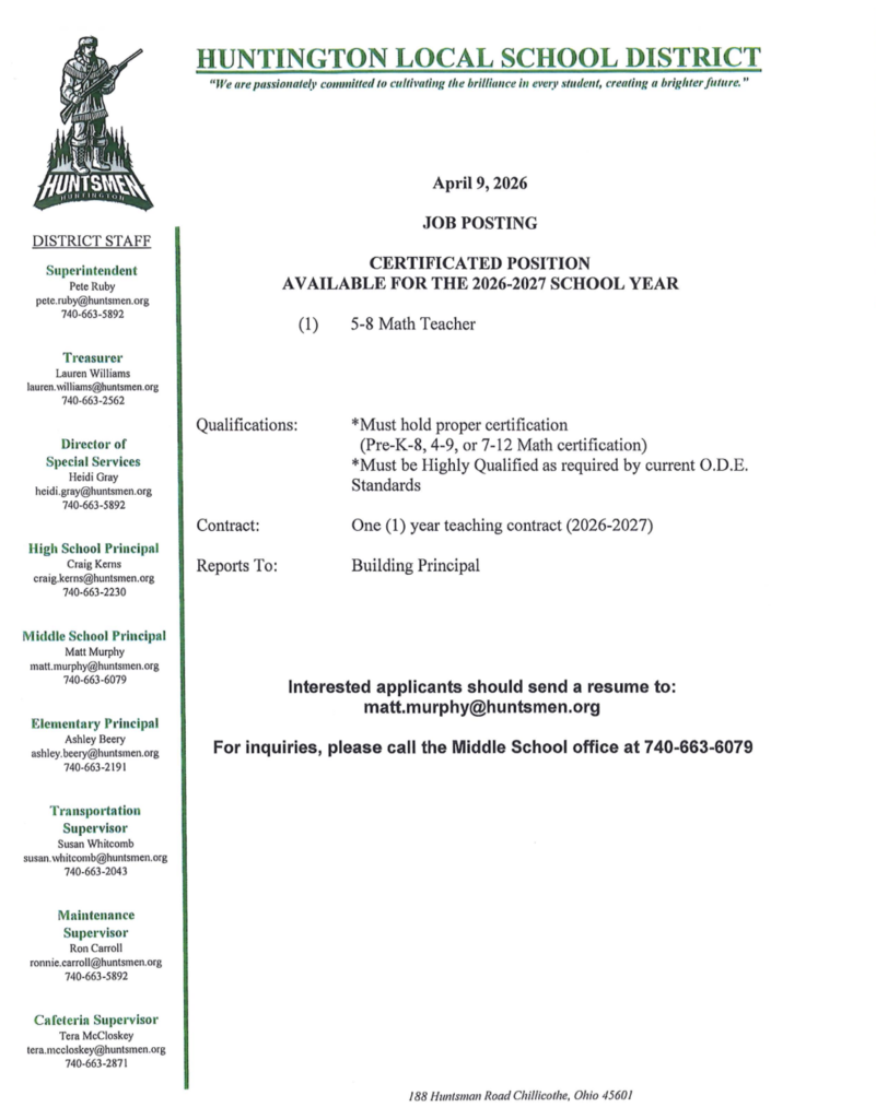 Job posting:  Middle School Mathematics