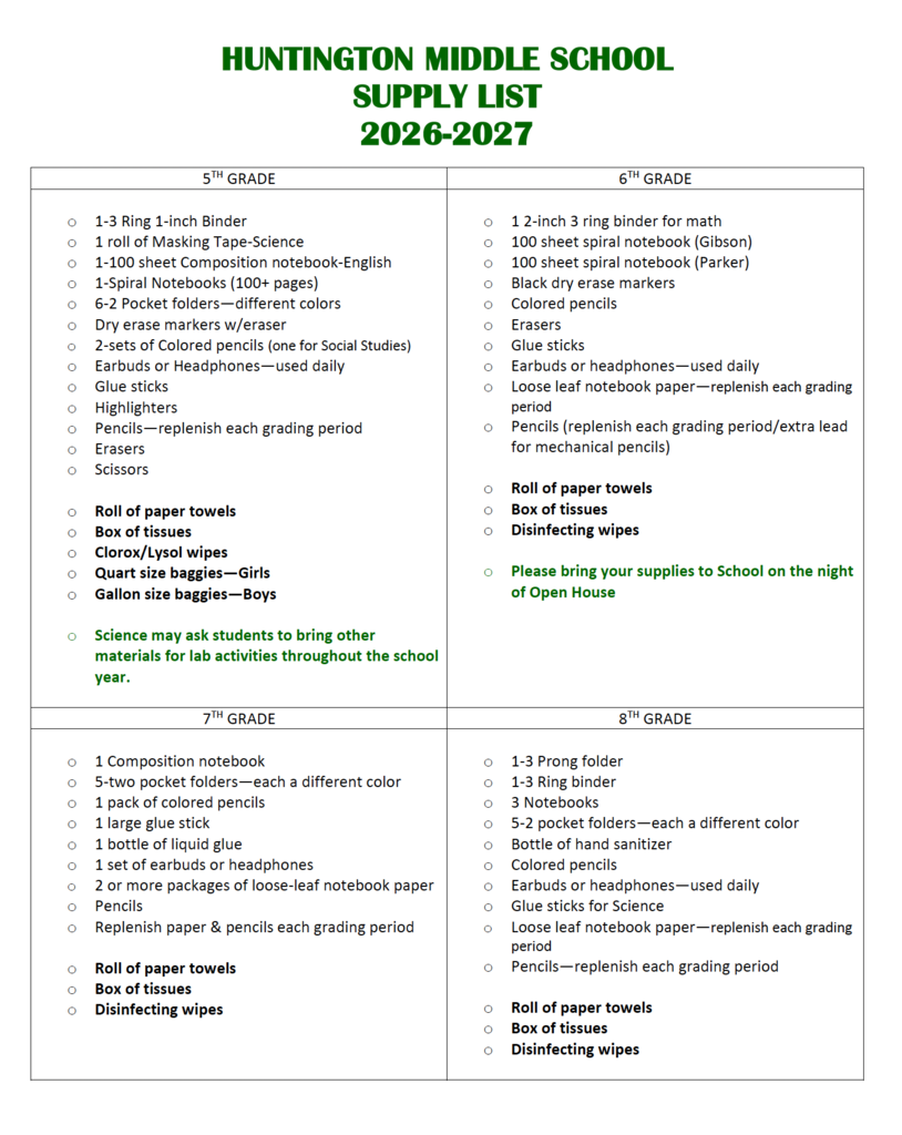 2026-2027 Middle School Supply List