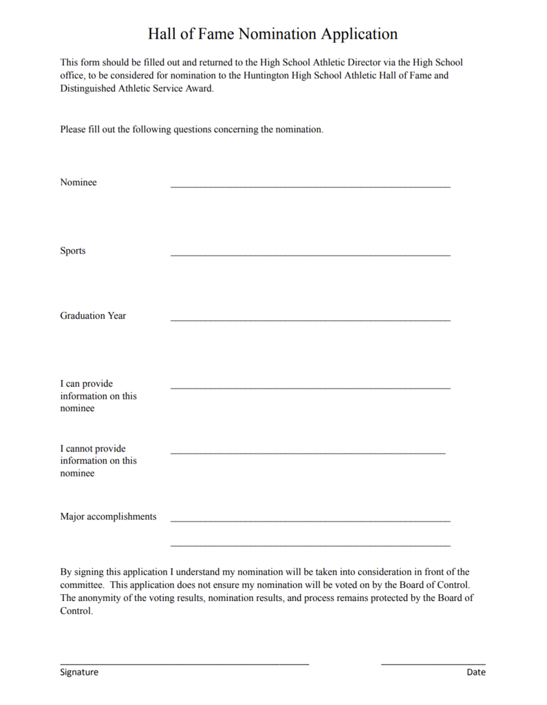Hall of Fame nomination form