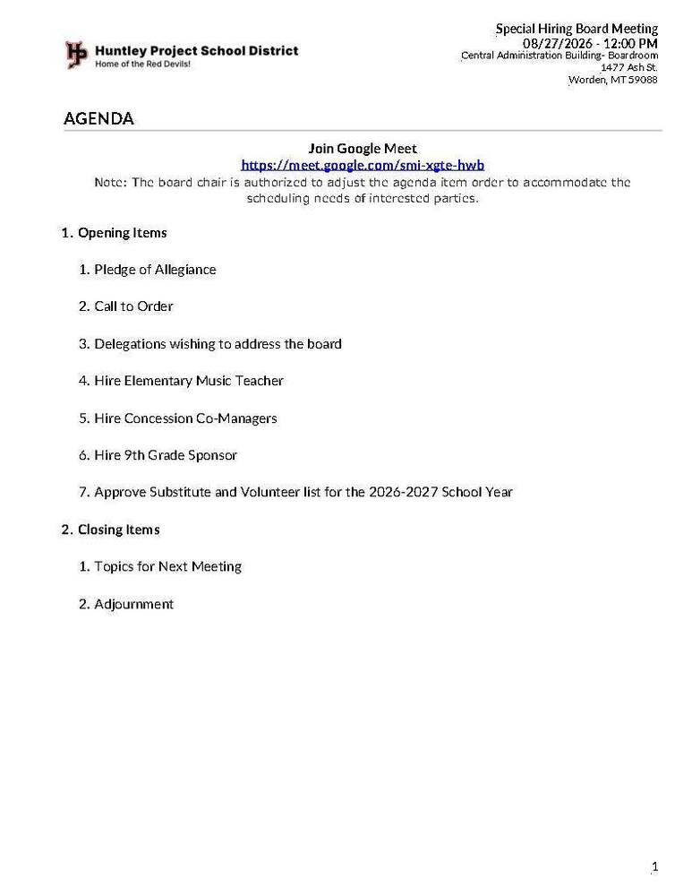 Agenda Special Meeting August 2026