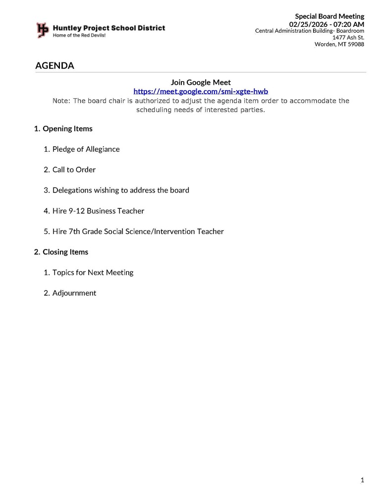 Board Meeting Special Feb 25