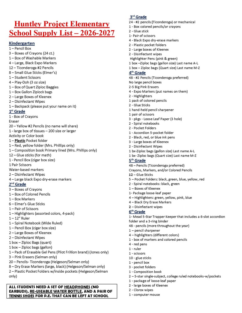 Elementary Supply List