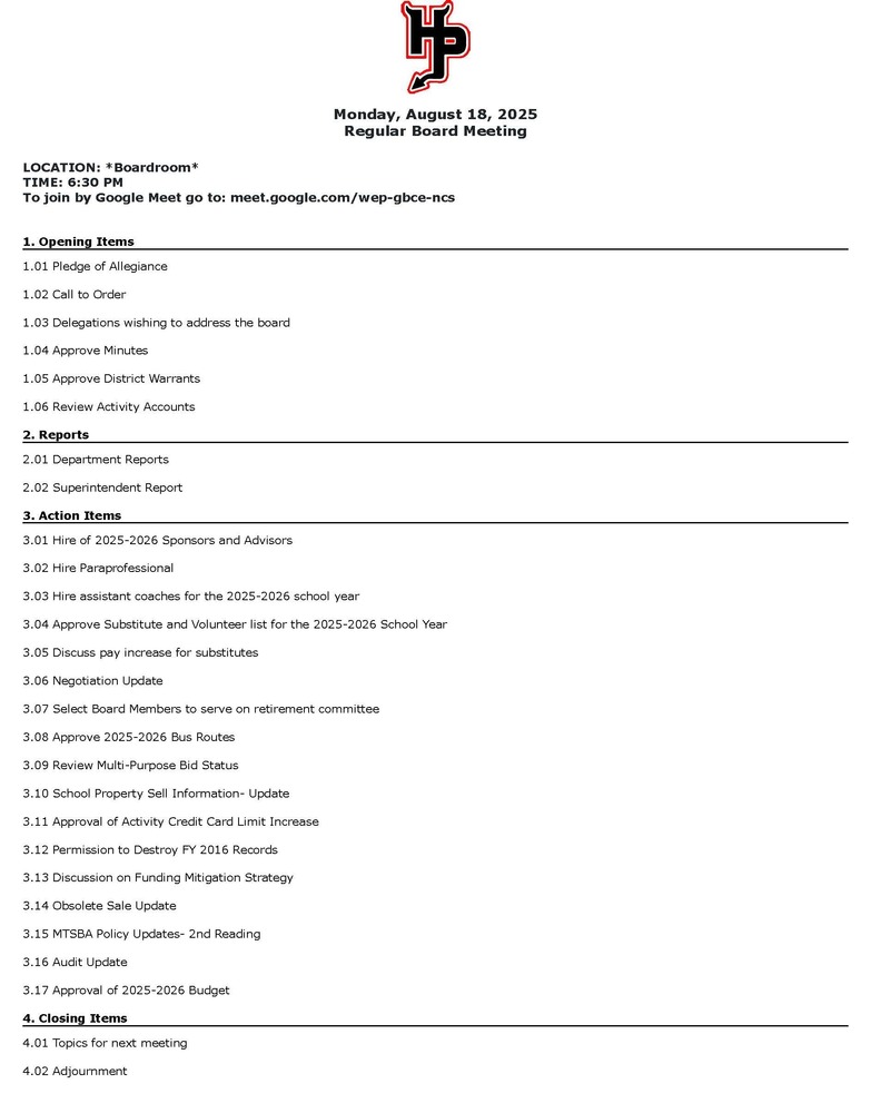 August Board Meeting Agenda
