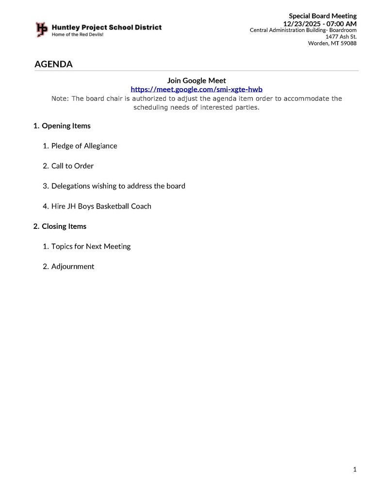 Board meeting Agenda 