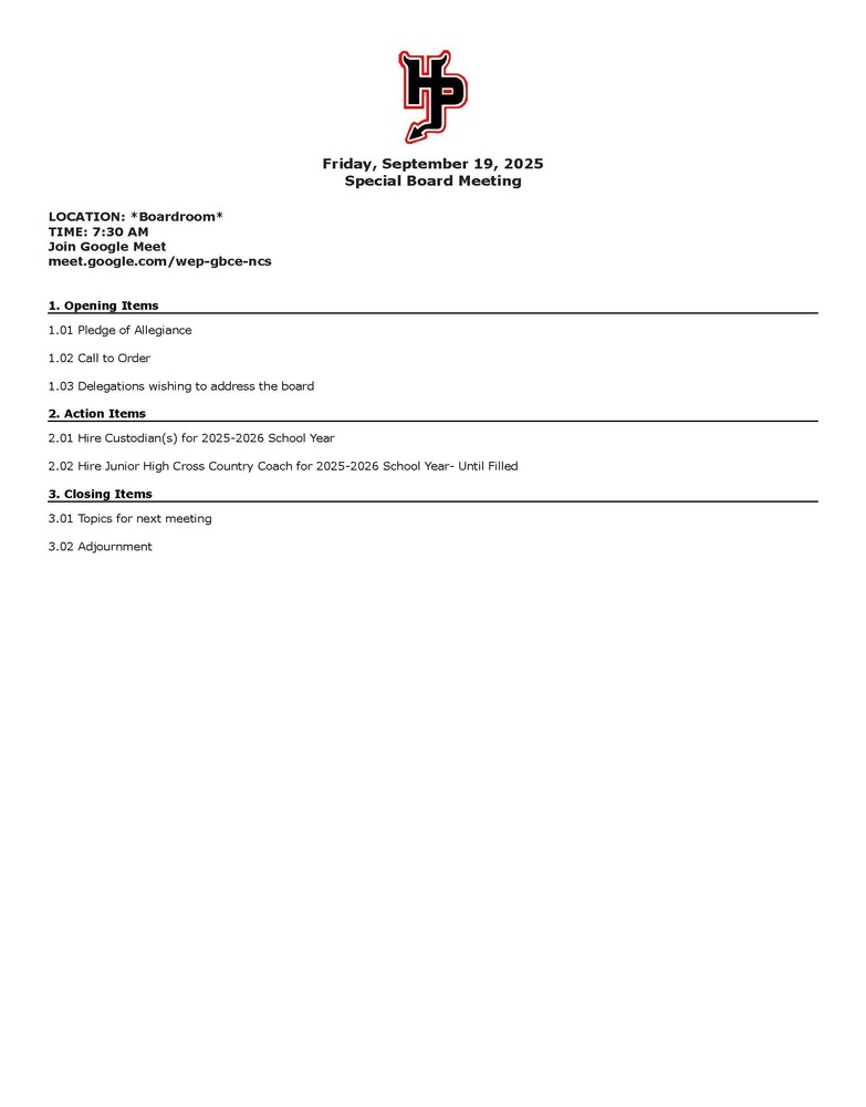 Special Board Meeting Sept. 19