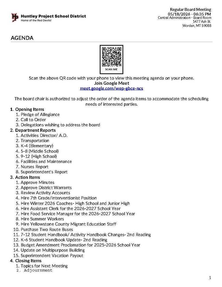 May 2026 Board Agenda