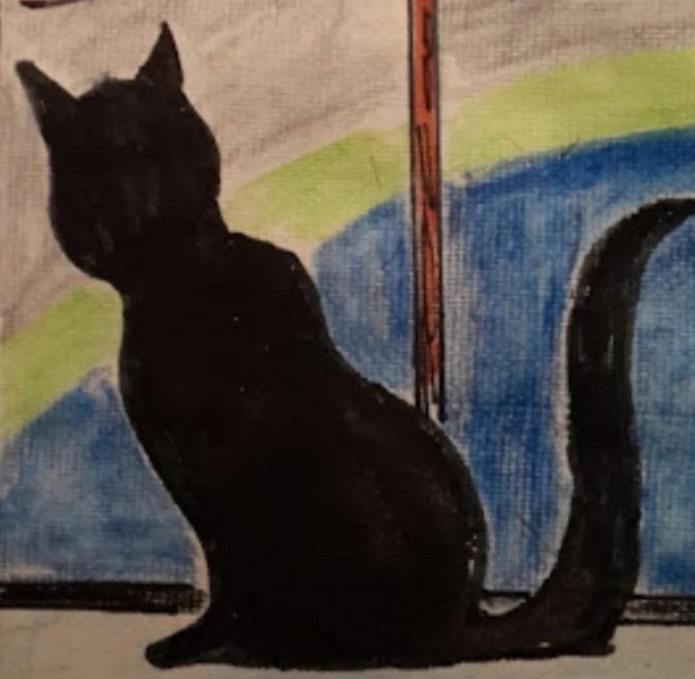 Artwork of cat patiently waiting at a window.
