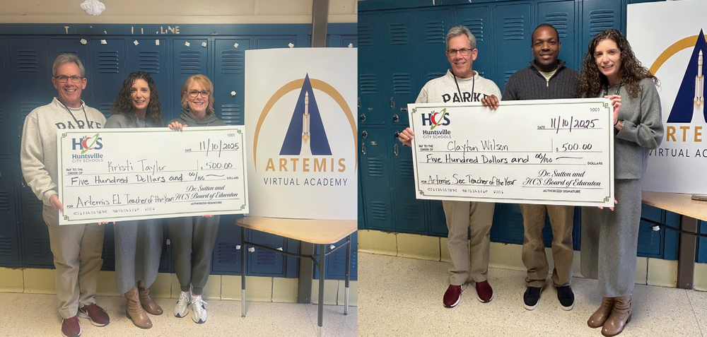 Kristi Taylor and Clayton stand beside principals Mark Fleetwood and Dr. McKinney to accept their Teacher of the Year award.