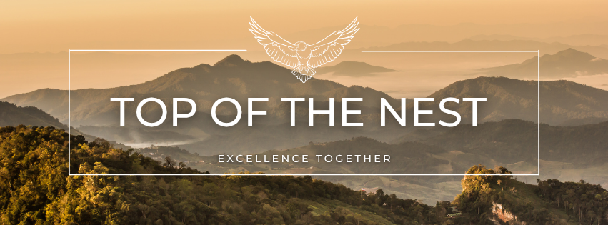 Beige and green mountains in the distance. There is a white rectangle with an eagle at the top enter and the words "top of the nest" and "excellence together" in the center.