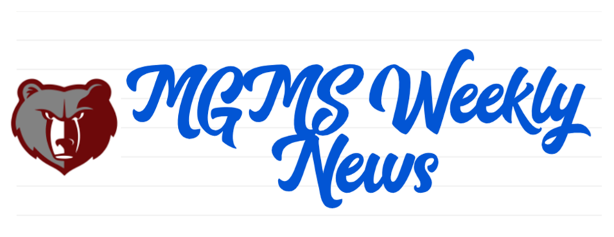 Text that says MGMS Weekly News on  lines that look like paper with the grizzly bear logo