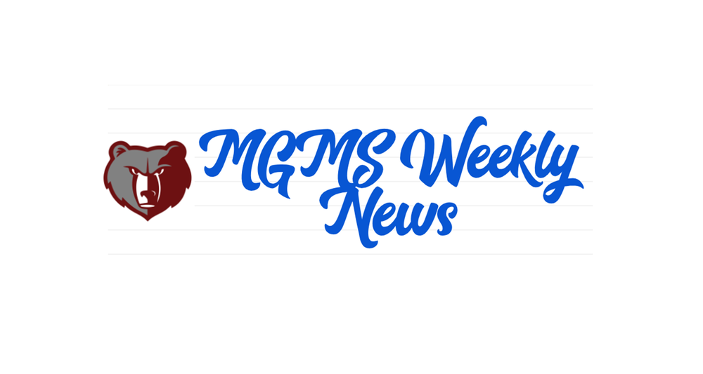 Text that says MGMS Weekly News on  lines that look like paper with the grizzly bear logo