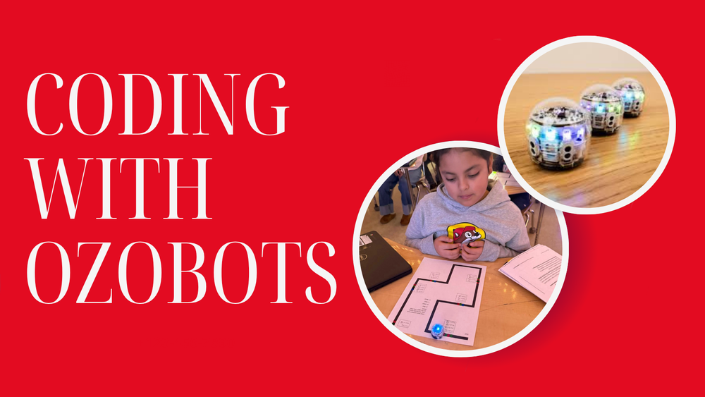 Graphic with the text "Coding with Ozobots" and two circles with photos; one photo is a closeup of the Ozobot robots and the other is a photo of Ozobots robots up close