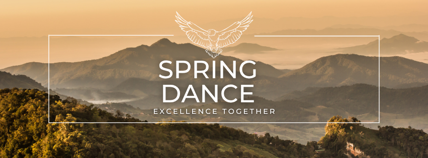 Beige and green mountains in the distance. There is a white rectangle with an eagle at the top enter and the words "Spring Dance" and "excellence together" in the center. 