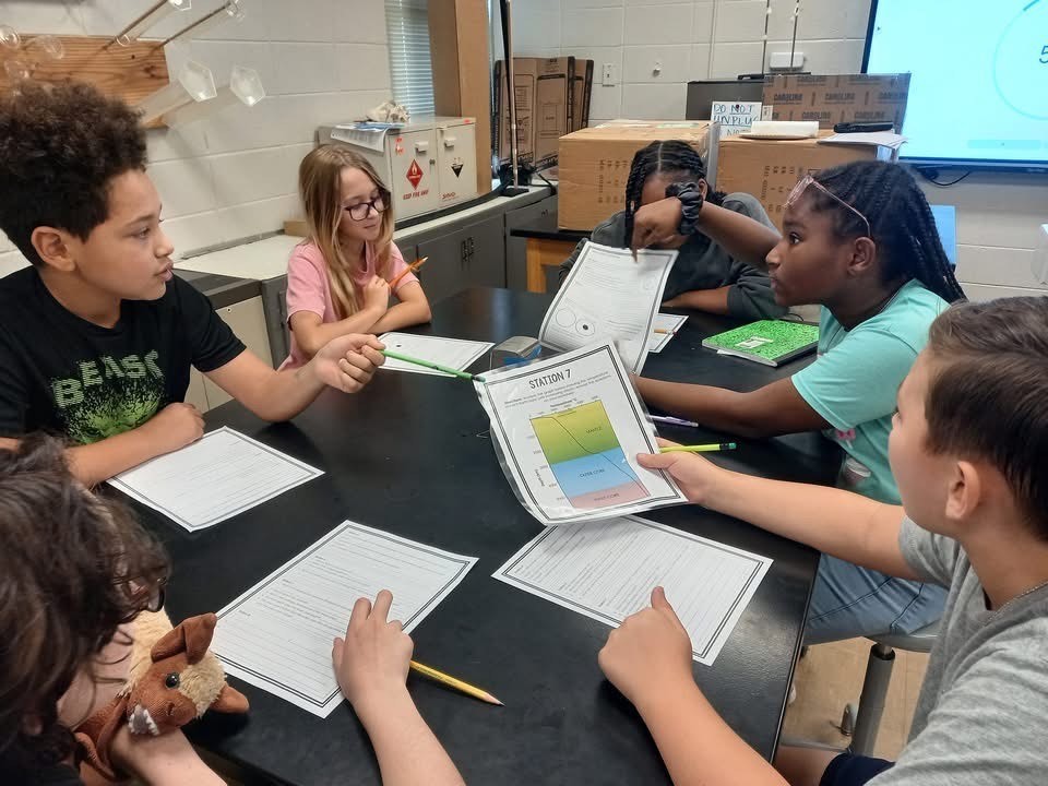 A group of 6th grade students discussing the earth's layers around a lab table