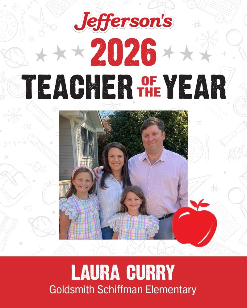 Mrs. Curry and her two children and husband stand outside. The text reads Jefferson's 2026 Teacher of the Year, Laura Curry, Goldsmith Schiffman Elementary.