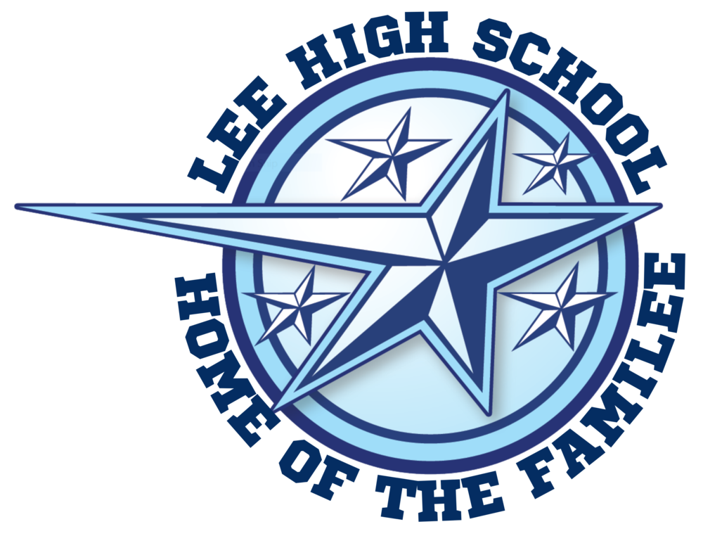 Lee High School logo featuring a large blue and white star surrounded by four smaller stars. The text encircling the design reads ‘Lee High School — Home of the FamiLEE.