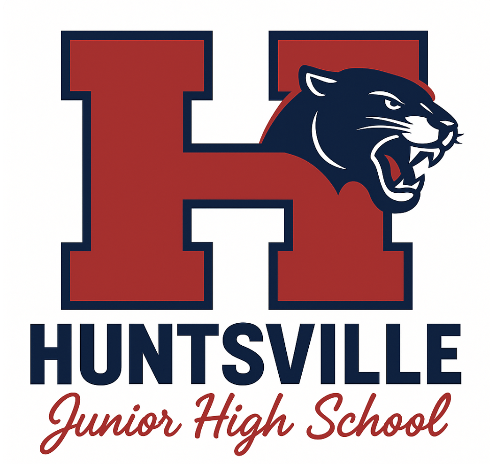 Huntsville Junior High logo red "H" with blue panther